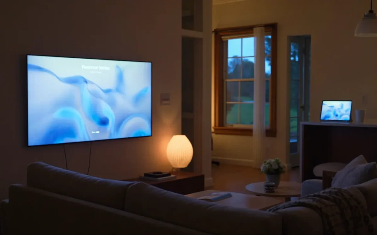 A living room television and a kitchen tablet both streaming at dusk, showing IPTV on multiple devices in one Canadian home